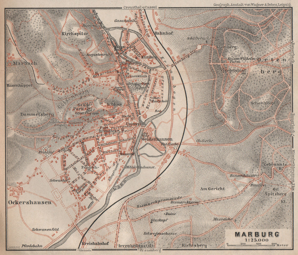 MARBURG antique town city stadtplan. Hessen karte. BAEDEKER 1910 old map