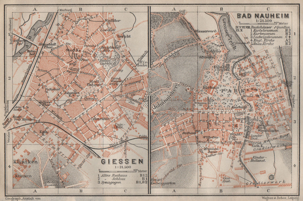 BAEDEKER. Giessen. Bad Nauheim. Central Germany 1910 old antique map chart
