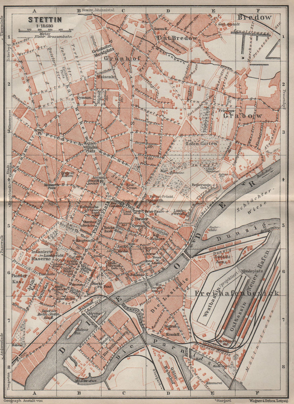 STETTIN SZCZECIN antique town city plan miasta. Poland mapa. BAEDEKER 1910