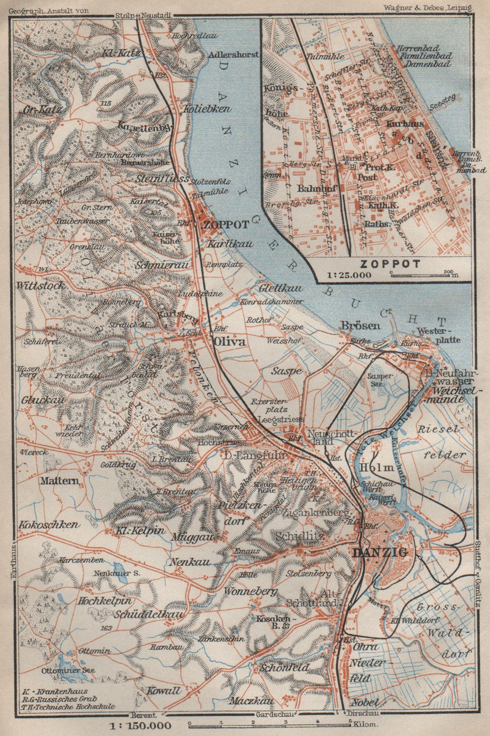 GDANSK & environs. Zoppot Sopot Danzig Gdańsk. Poland mapa. BAEDEKER 1910
