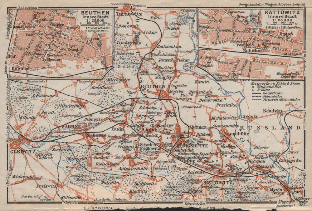 METROPOLIA SILESIA. BYTOM & KATOWICE city plan miasta. Gliwice. Poland mapa 1910