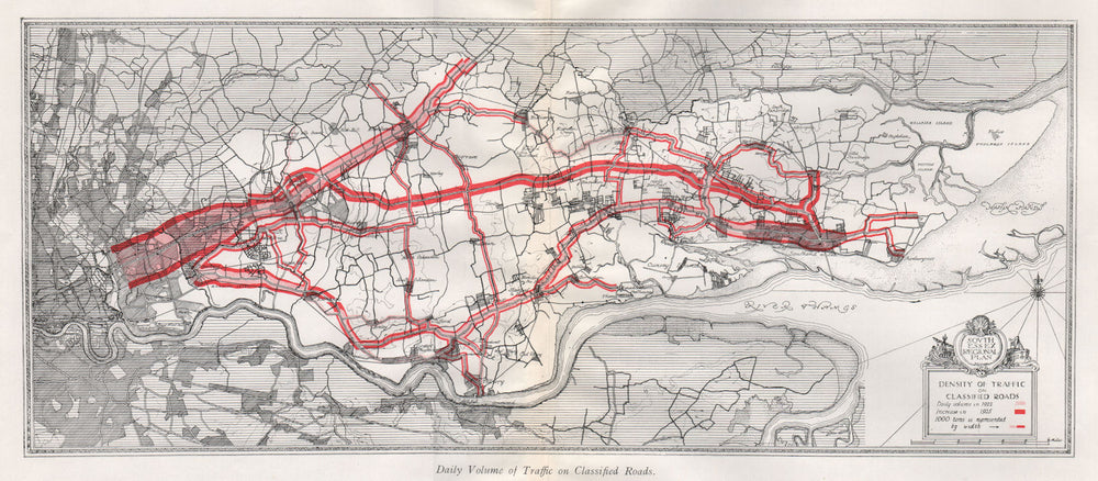 SOUTH ESSEX Daily road traffic volume 1922 & 1925. Thames Estuary 1931 old map