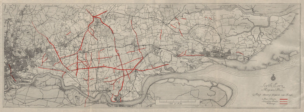 SOUTH ESSEX REGIONAL PLAN. Proposed new roads & road widening 1931 old map
