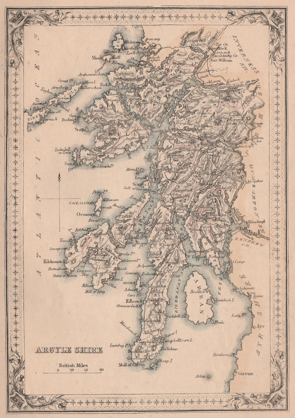 Decorative antique county map of Argyleshire. Argyll. FULLARTON 1868 old
