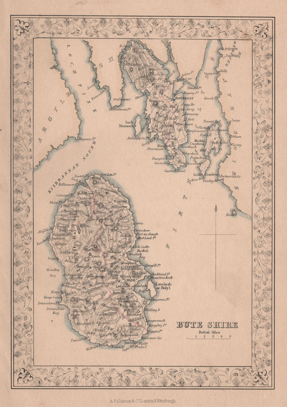 Decorative antique county map of Buteshire, Scotland. FULLARTON 1868 old