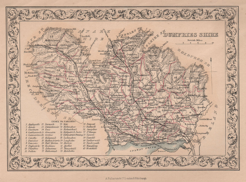 Decorative antique county map of Dumfriesshire, Scotland. FULLARTON 1868