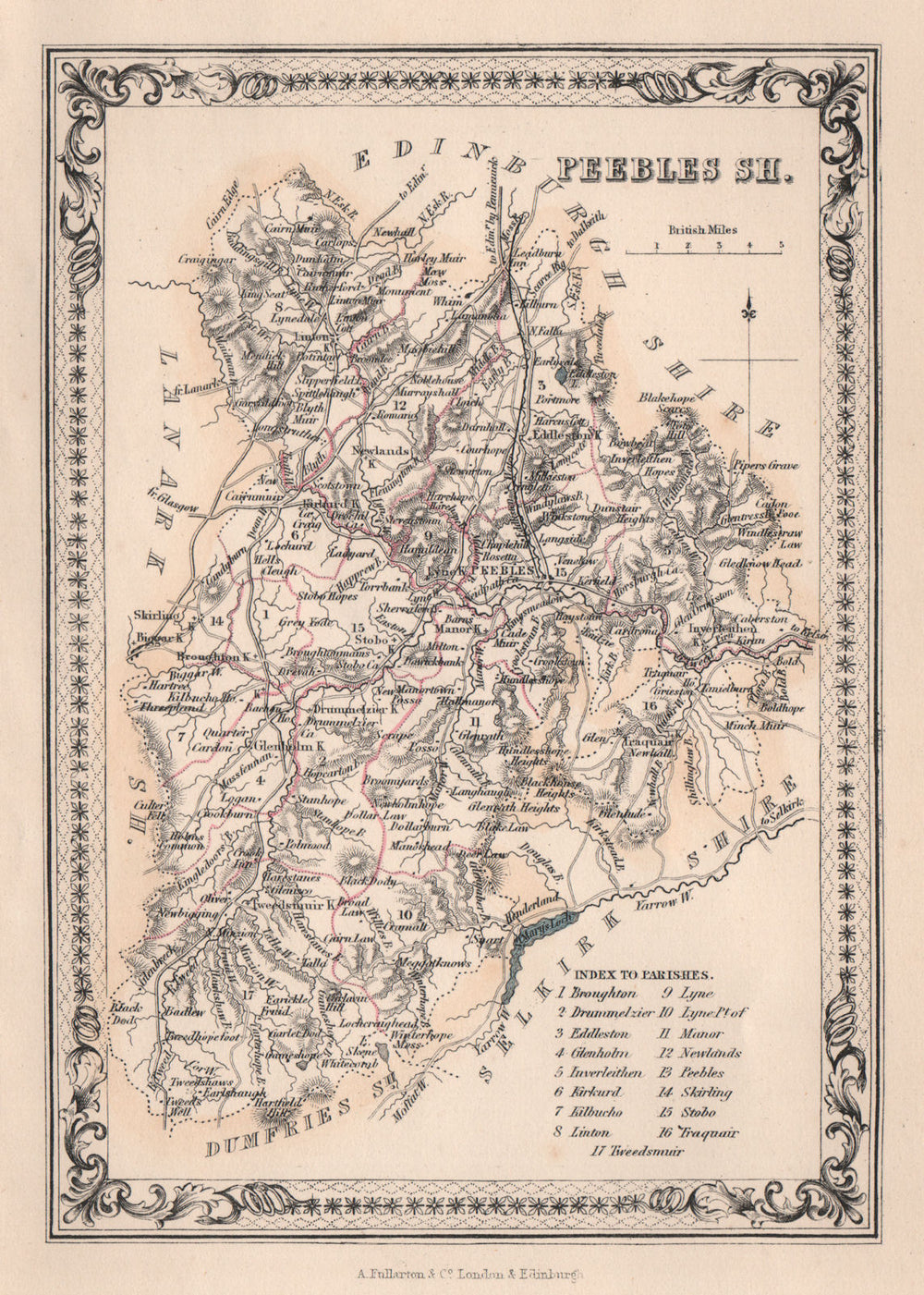 Decorative antique county map of Peeblesshire, Scotland. FULLARTON 1868