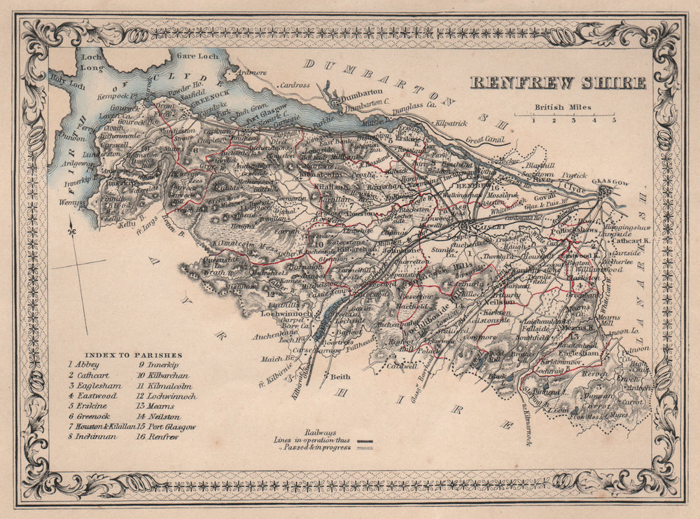 Decorative antique county map of Renfrewshire, Scotland. FULLARTON 1868