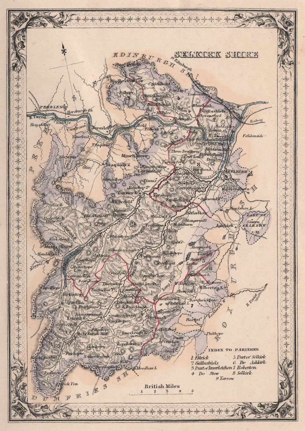 Decorative antique county map of Selkirkshire, Scotland. FULLARTON 1868