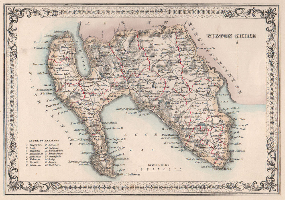 Decorative antique county map of Wigtonshire, Scotland. FULLARTON 1868 old
