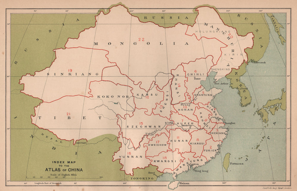 Index map to the Atlas of China. STANFORD 1908 old antique plan chart