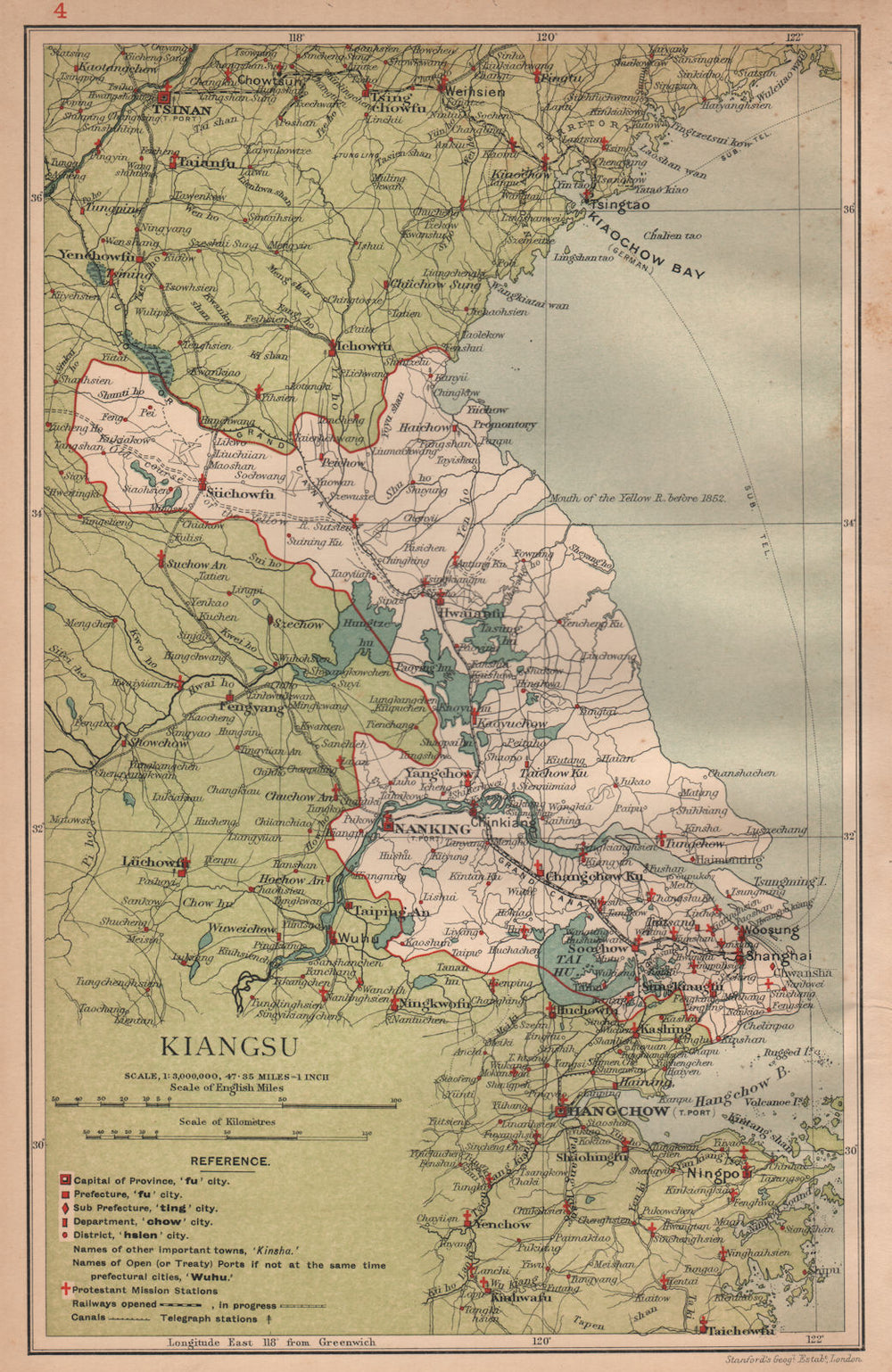 Kiangsu (Jiangsu) China province map. Shanghai Suzhou Nanjing. STANFORD 1908