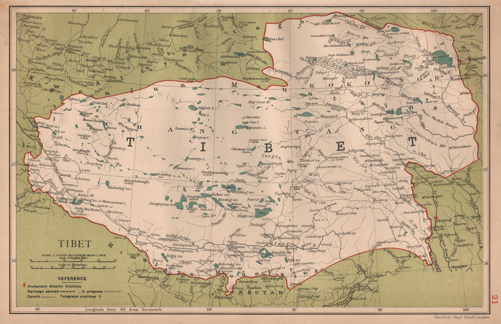 Tibet & Koko Nor (Tibet & Qinghai) China province map. Lhasa. STANFORD 1908