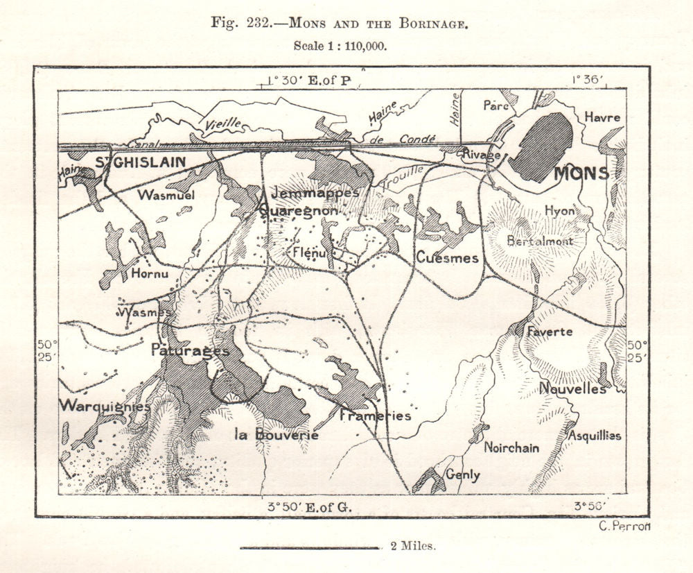 Mons and the Borinage. Belgium. Sketch map 1885 old antique plan chart ...