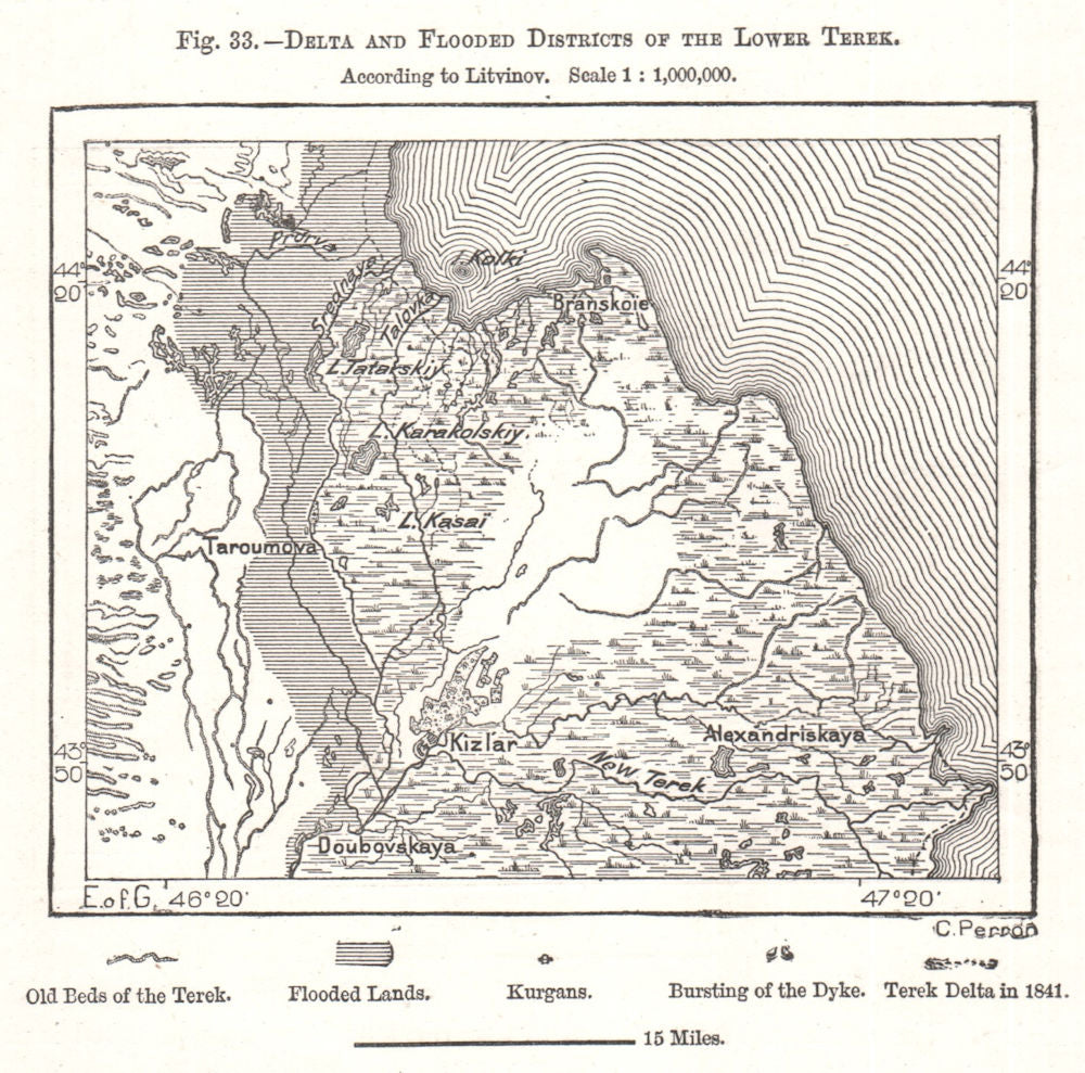 Delta and Flooded Districts of the Lower Terek. Russia. Sketch map 1885 ...