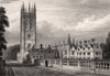 Magdalen College from the Bridge, Oxford, by John Le Keux 1837 old print