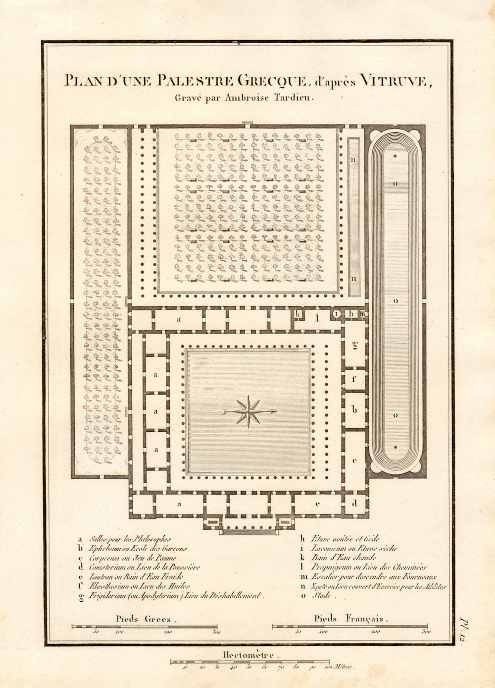ANCIENT GREECE "Palestre Grecque" Palaestra wrestling school. Vitruvius 1832 map