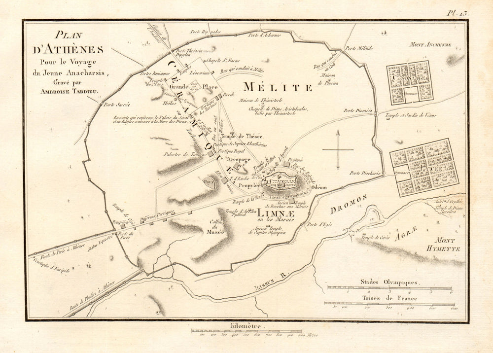 ANCIENT ATHENS City plan. "Plan d'Athènes". Ancient Greece. TARDIEU 1832 map