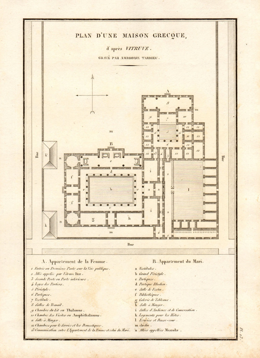 ANCIENT GREECE. Greek House plan. Plan d'une Maison Grecque. Vitruvius 1832 map