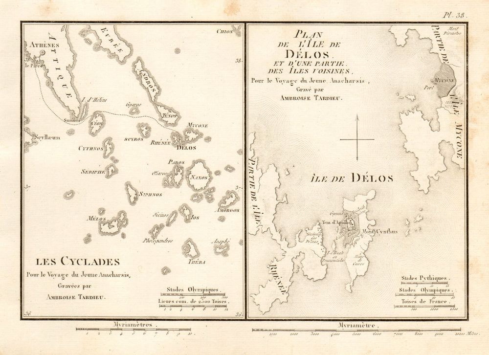 CYCLADES. Delos, Mykonos & Rineia. Santorini Ios Paros Andros. TARDIEU 1832 map