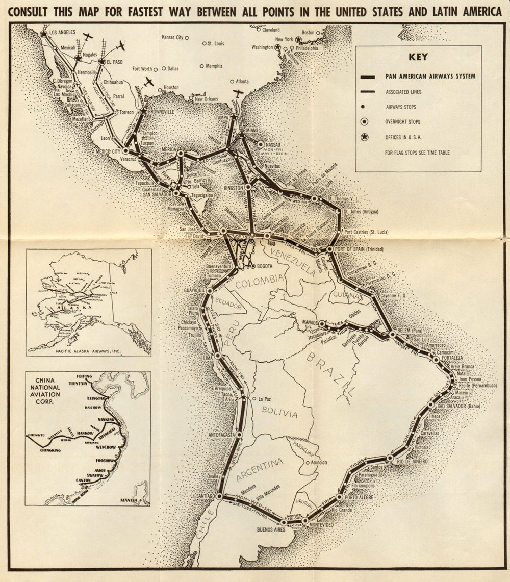 PAN AMERICAN AIRLINES ROUTE MAP. "Fastest way between… USA & Latin America" 1935
