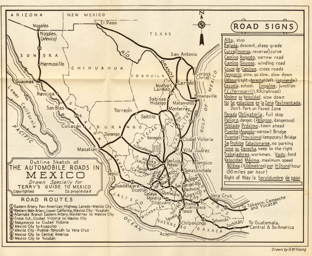 MEXICO MAJOR ROADS. "Automobile roads in Mexico" 1935 old vintage map chart