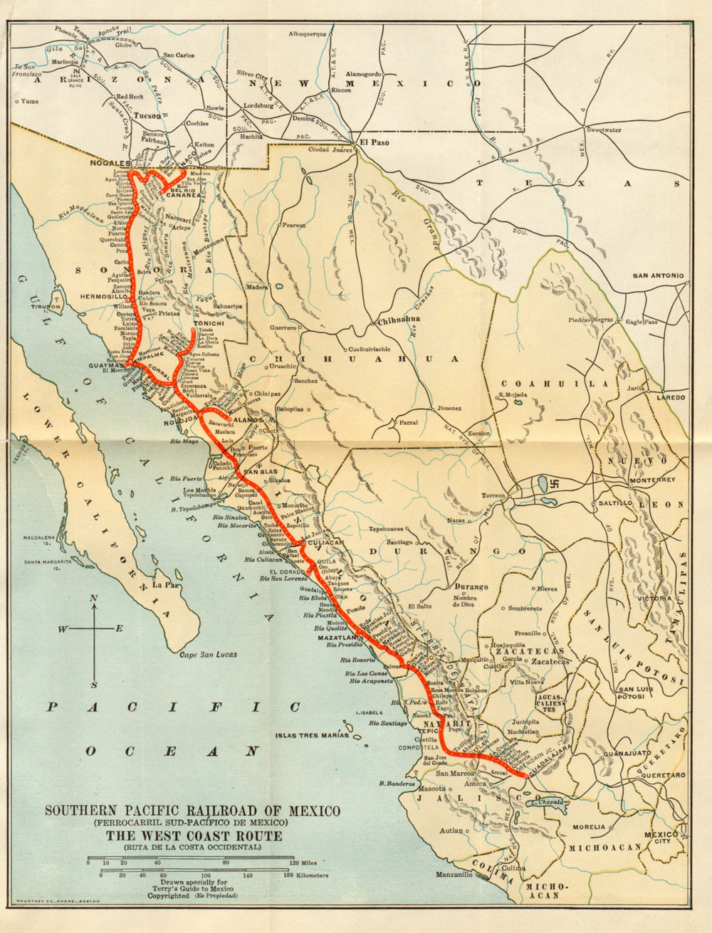 Southern Pacific Railroad / Ferrocarril Sud-Pacifico de Mexico 1935 old map