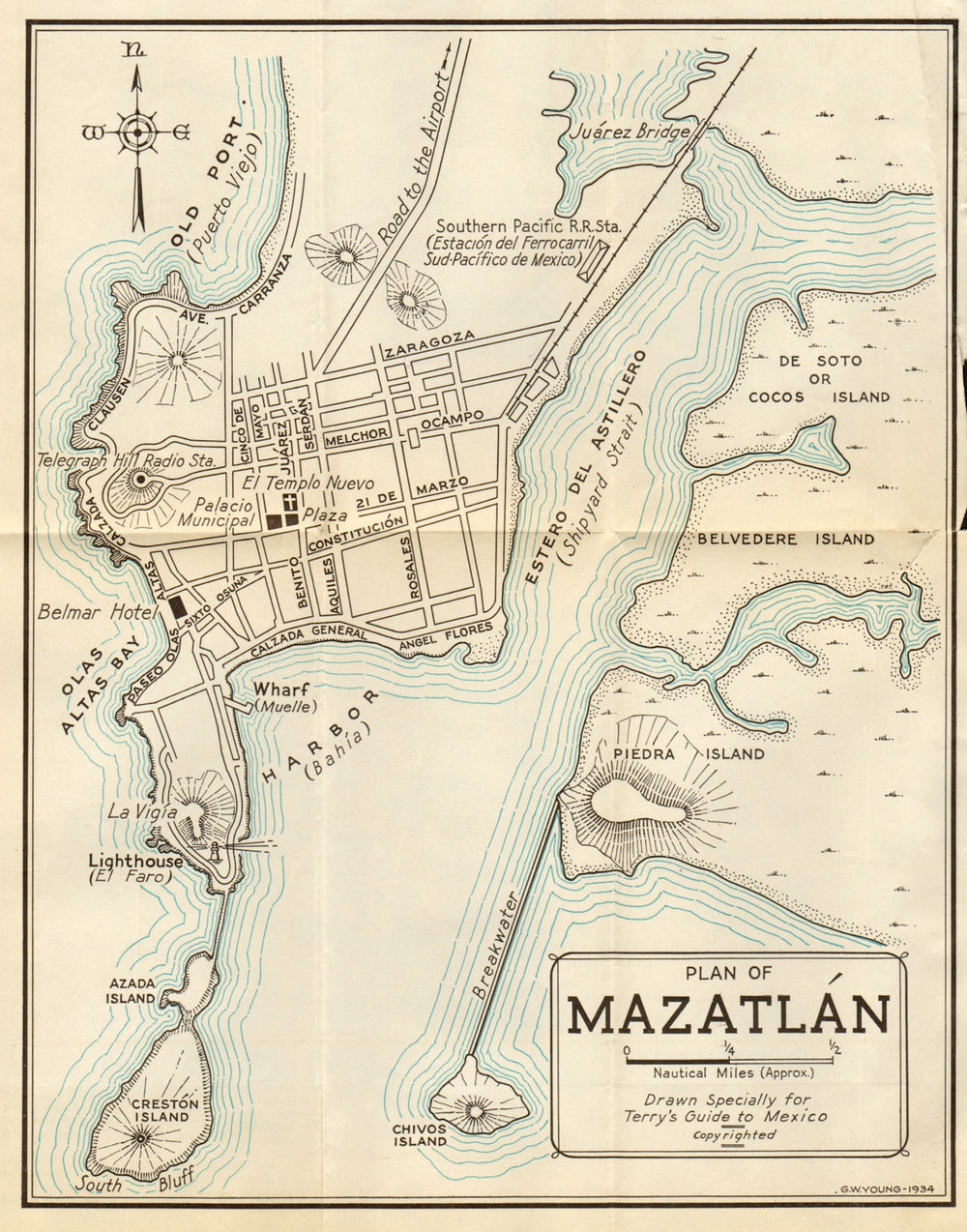 Plan of MAZATLAN, Mexico. Mapa de la ciudad. City/town plan 1935 old