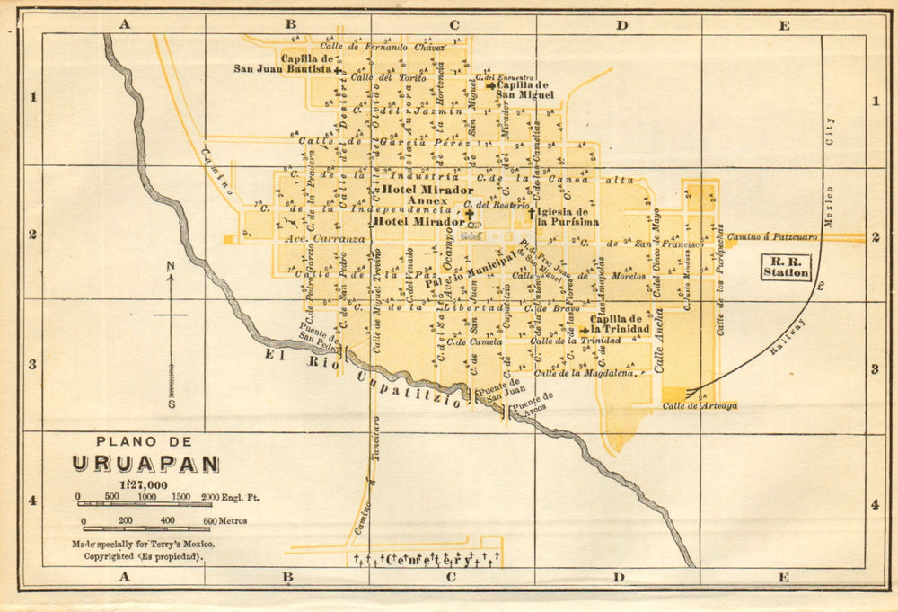 Plano de URUAPAN, Mexico. Mapa de la ciudad. City/town plan 1935 old