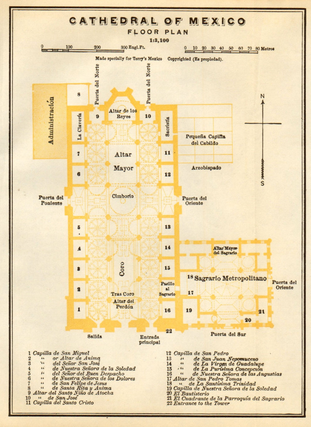 Cathedral of Mexico floor plan, Mexico 1935 old vintage map chart