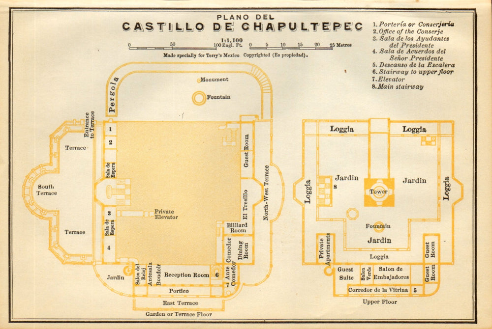 Plano del Castillo de CHAPULTEPEC, Mexico City 1935 old vintage map chart
