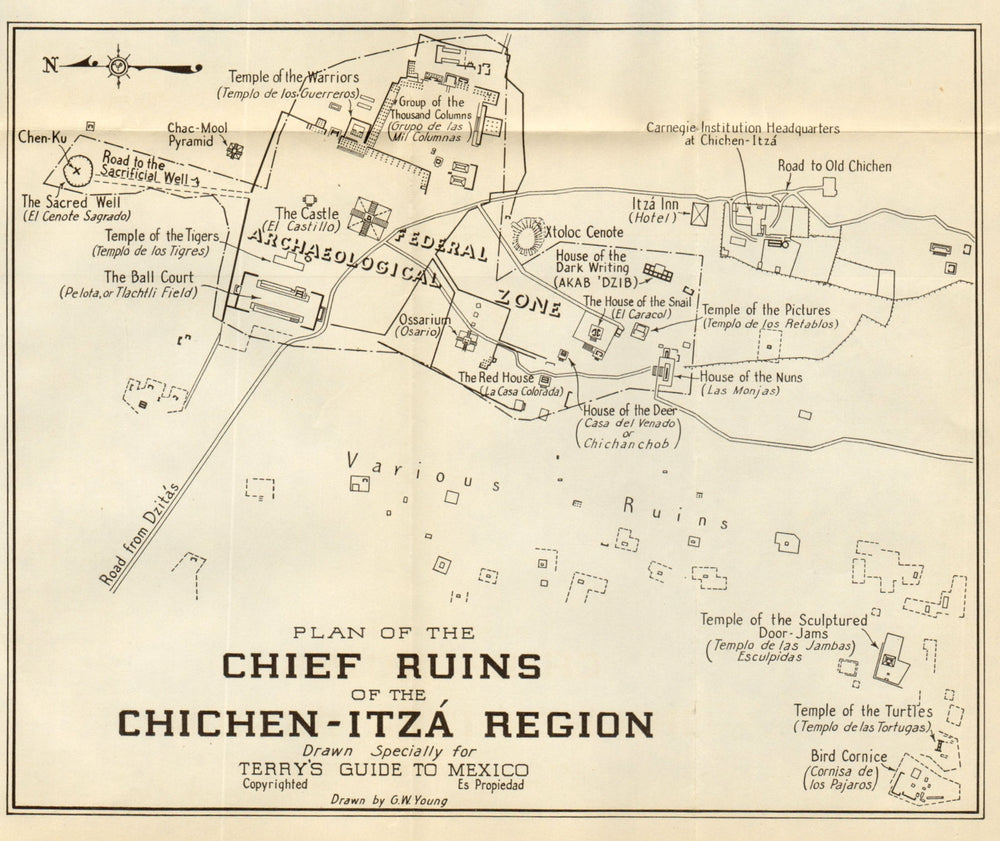CHICHEN-ITZA. Plan of the Mayan ruins. Mexico 1935 old vintage map chart