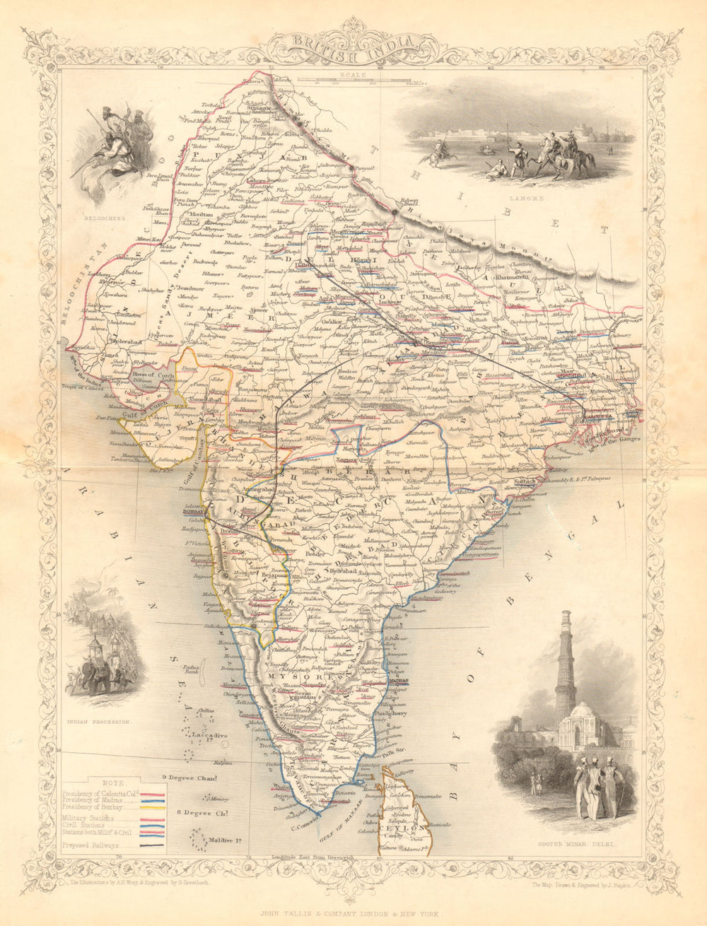 BRITISH INDIA. shows proposed Railways & military bases. RAPKIN/TALLIS c1855 map