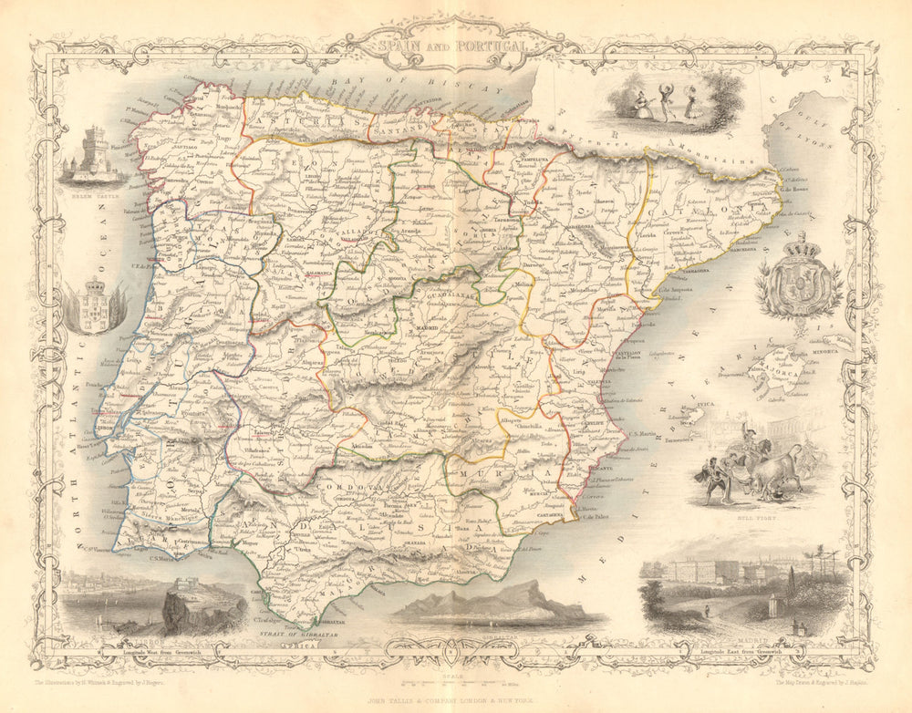 SPAIN & PORTUGAL. Madrid Lisbon Gibraltar views. Iberia RAPKIN/TALLIS c1855 map