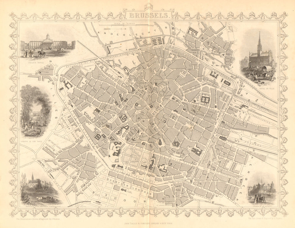 Town/city plan of BRUSSELS by TALLIS & RAPKIN. Vignette views c1855 old map