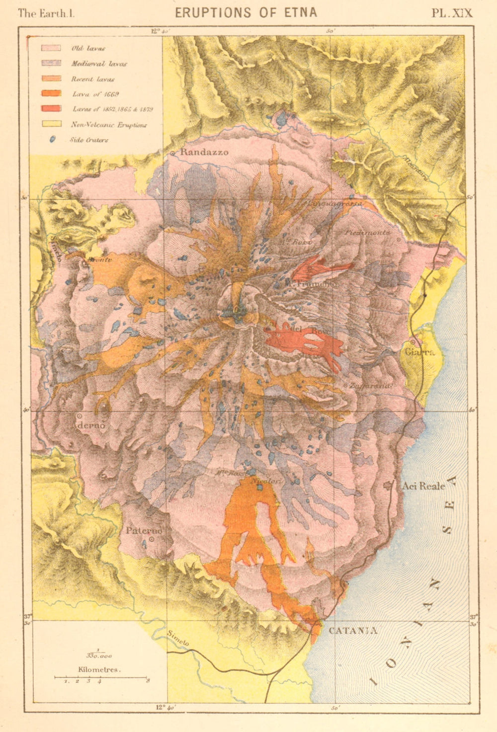 Eruptions of Etna. Sicily. Catania. Lava flows 1669 1852 1865 1879 1886 map