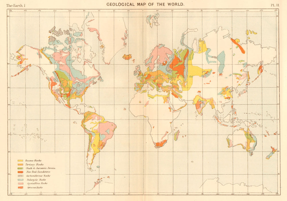 Geological Map of the World 1886 old antique vintage plan chart