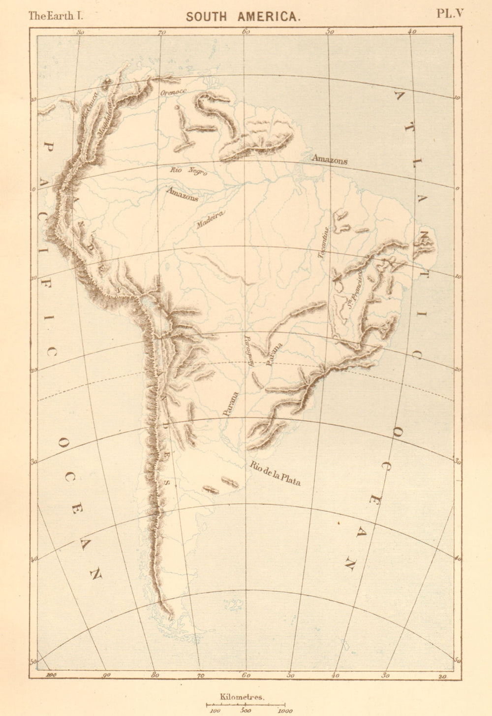 South America. Physical. Mountains & rivers 1886 old antique map plan chart