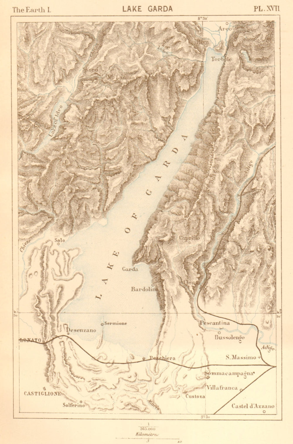 Lake Garda. Italy. Lago Garda 1886 old antique vintage map plan chart