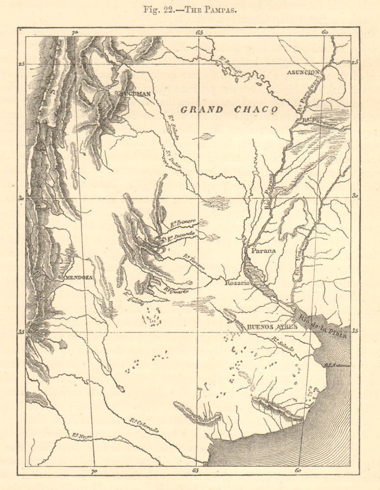 The Pampas. Argentina. Mendoza Buenos Aires. Sketch map 1886 old antique
