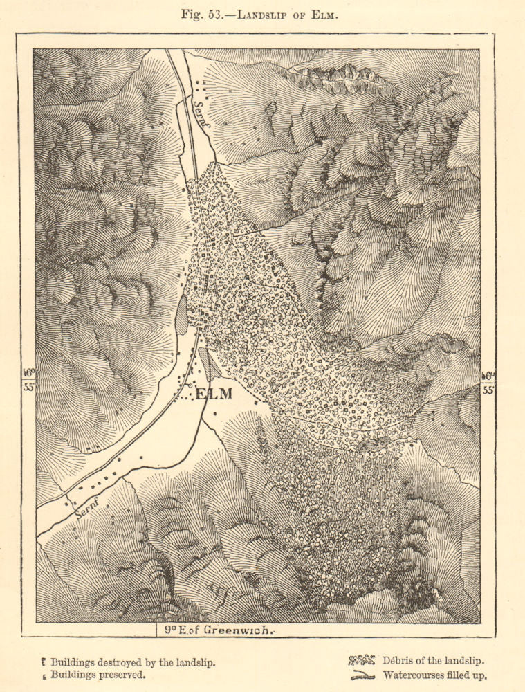 Landslip of Elm. Switzerland. Sketch map 1886 old antique plan chart