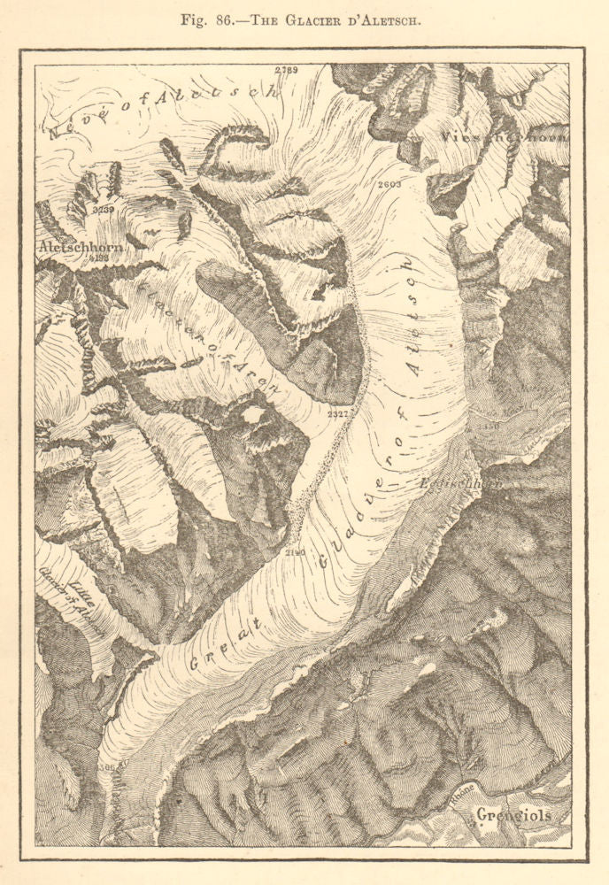 The Glacier D'Aletsch. Switzerland. Grengiols Betten Jungfrau. Sketch map 1886