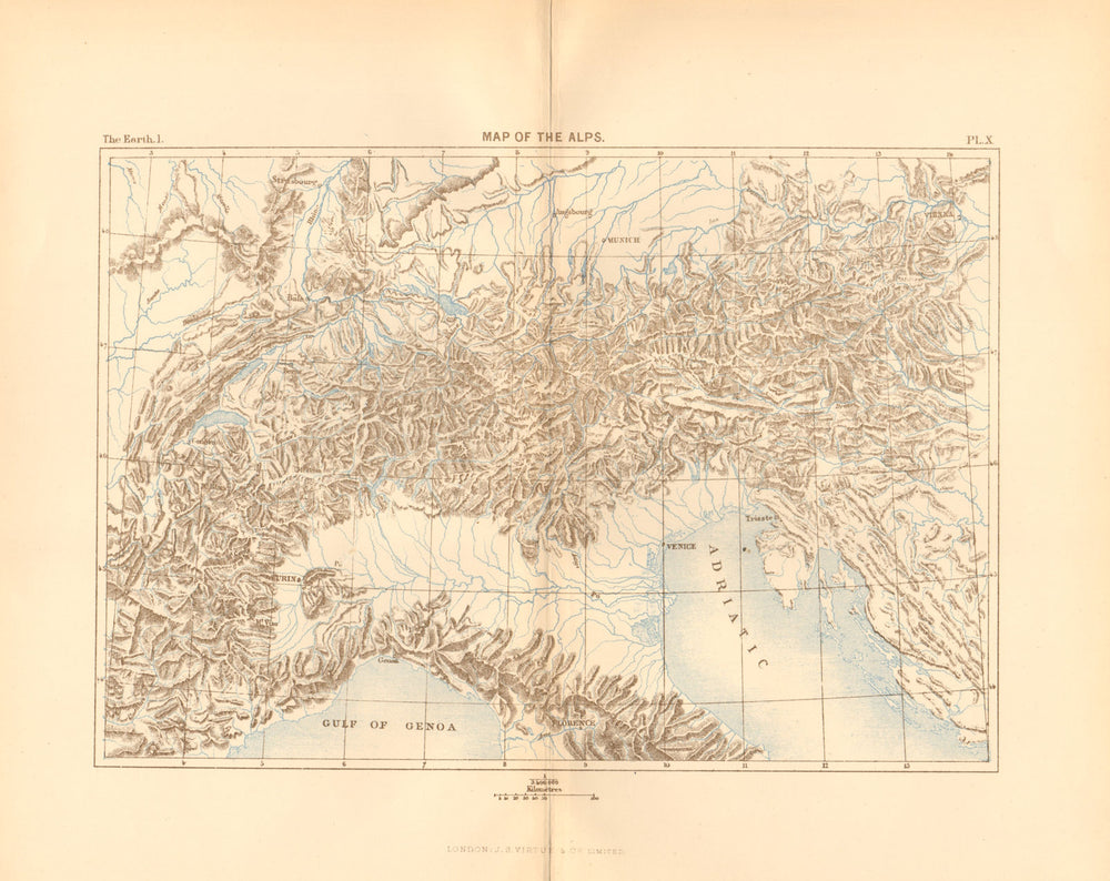 Map of the Alps. Europe 1886 old antique vintage plan chart