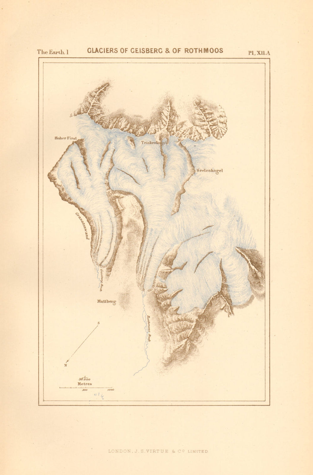 Glaciers of Geisberg & of Rothmoos. Austria 1886 old antique map plan chart