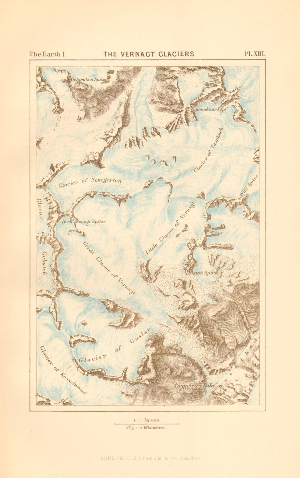 The Vernagt Glaciers. Italy 1886 old antique vintage map plan chart