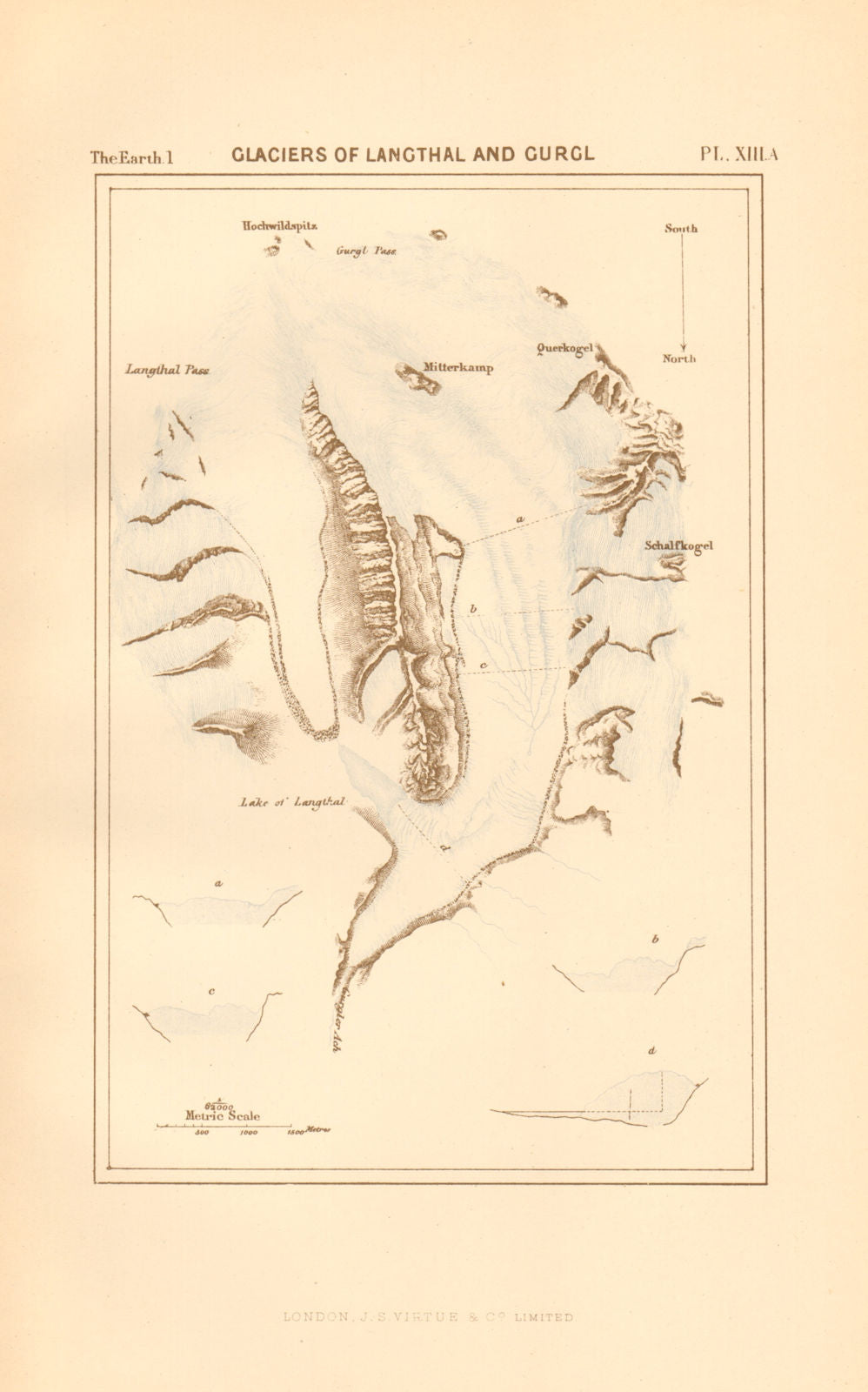 Glaciers of Langthal and Gurgl. Austria. Obergurgl 1886 old antique map chart