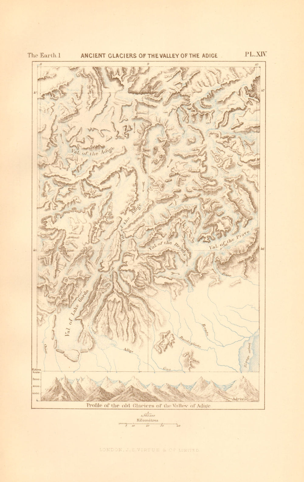 Ancient Glaciers of the Adige valley. Italy. South Tyrol. Lake Garda 1886 map