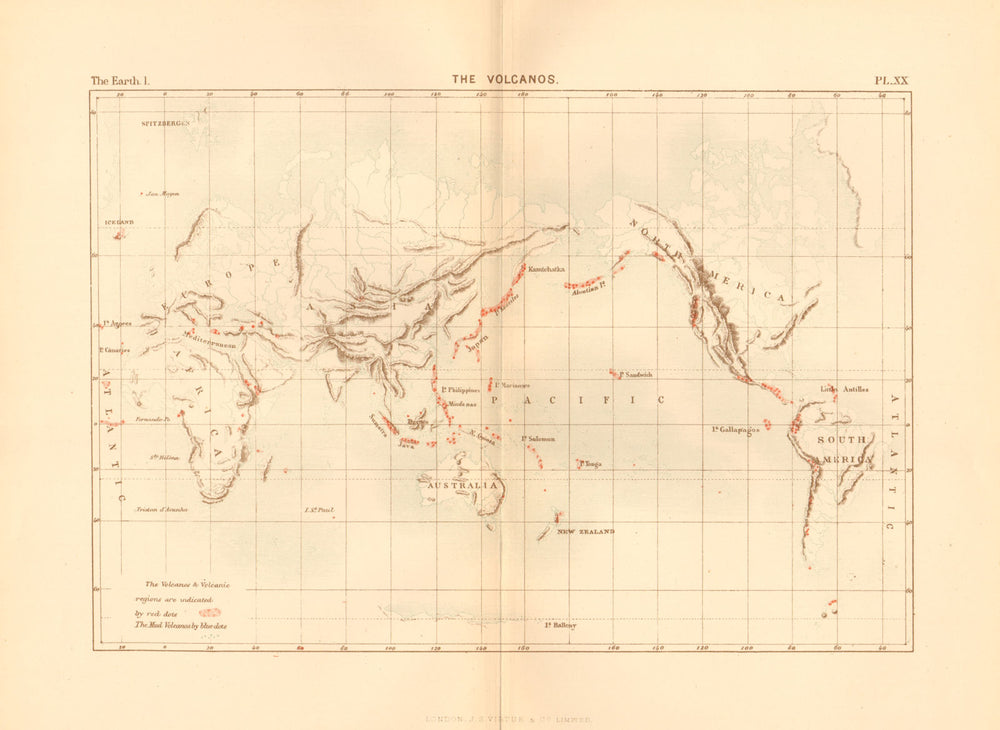 Volcanoes of the World 1886 old antique vintage map plan chart