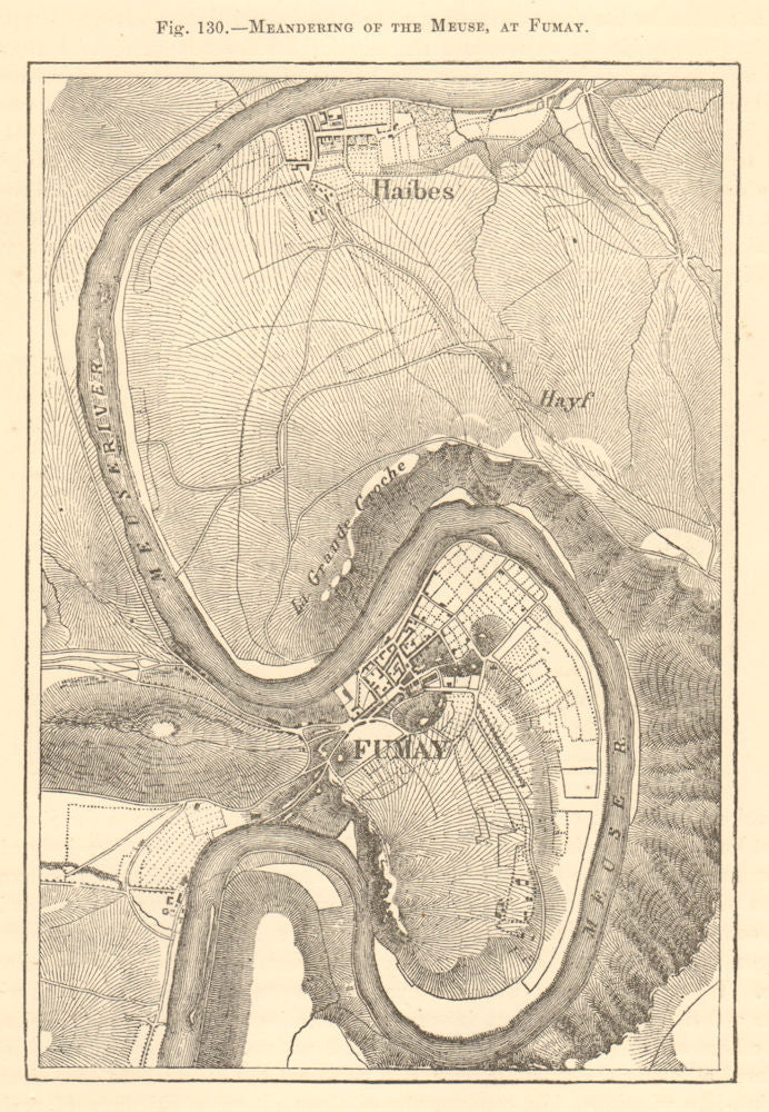 Meandering of the Meuse, at Fumay. Ardennes. Haybes. Sketch map 1886 old
