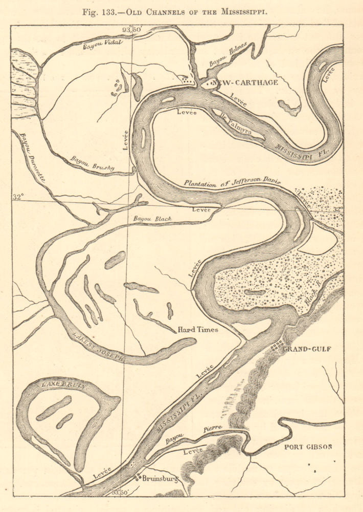Mississippi old channels. New Carthage Bruinsburg Grand Gulf. Sketch map 1886